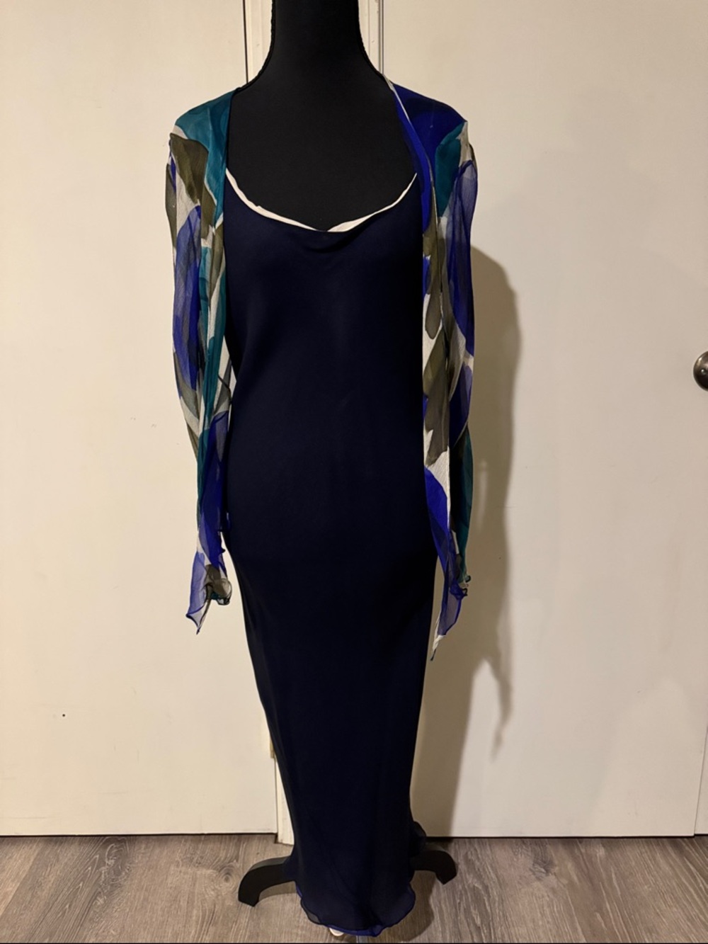 Vintage 90’s Shawn Ray Fons Navy Blue Slip Dress with Sheer Printed Shawl